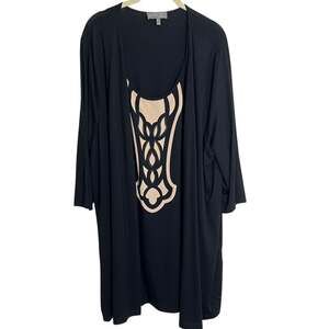 Ulla Popken Womens Tunic Top 20/22 Black Beige Geometric Studded 3/4 Sleeve